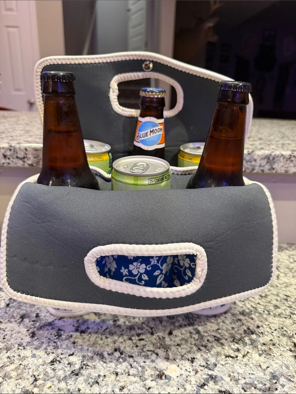 Blue and White Floral Neoprene 6 Pack Bottle/Skinny Can Tote